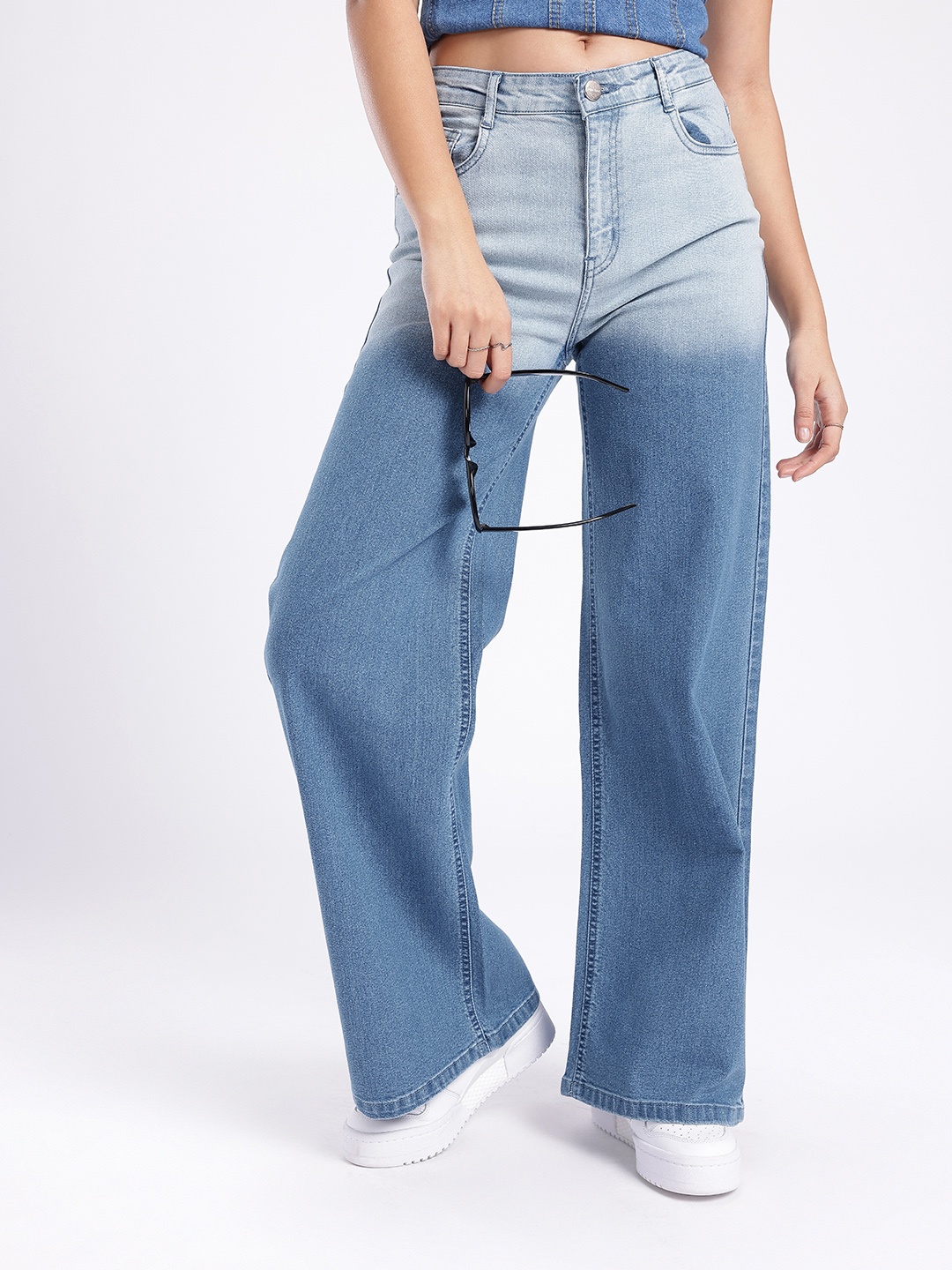

glitchez Women Street Charm Wide Leg Heavy Fade Jeans, Blue
