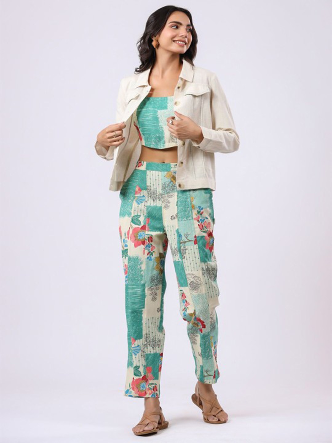 

JISORA Printed Pure Cotton Crop Top With Trouser & Jacket, Green