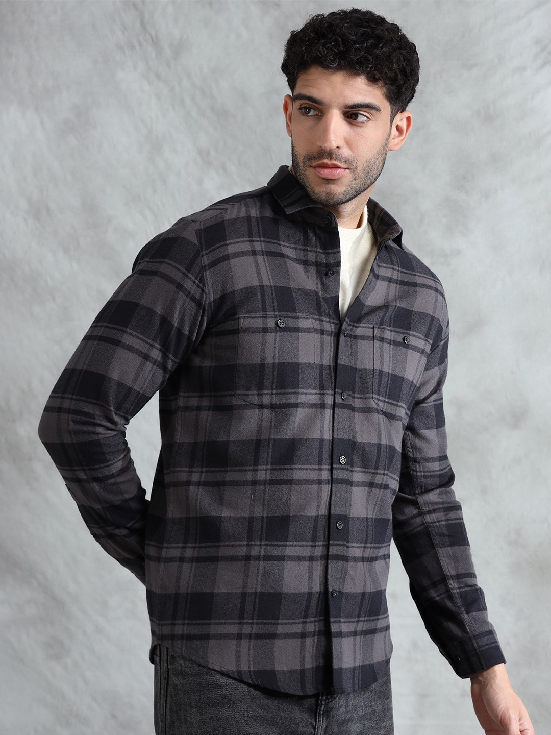

THE FORMAL CLUB Men Premium Flannel Checks Casual Shirt, Grey