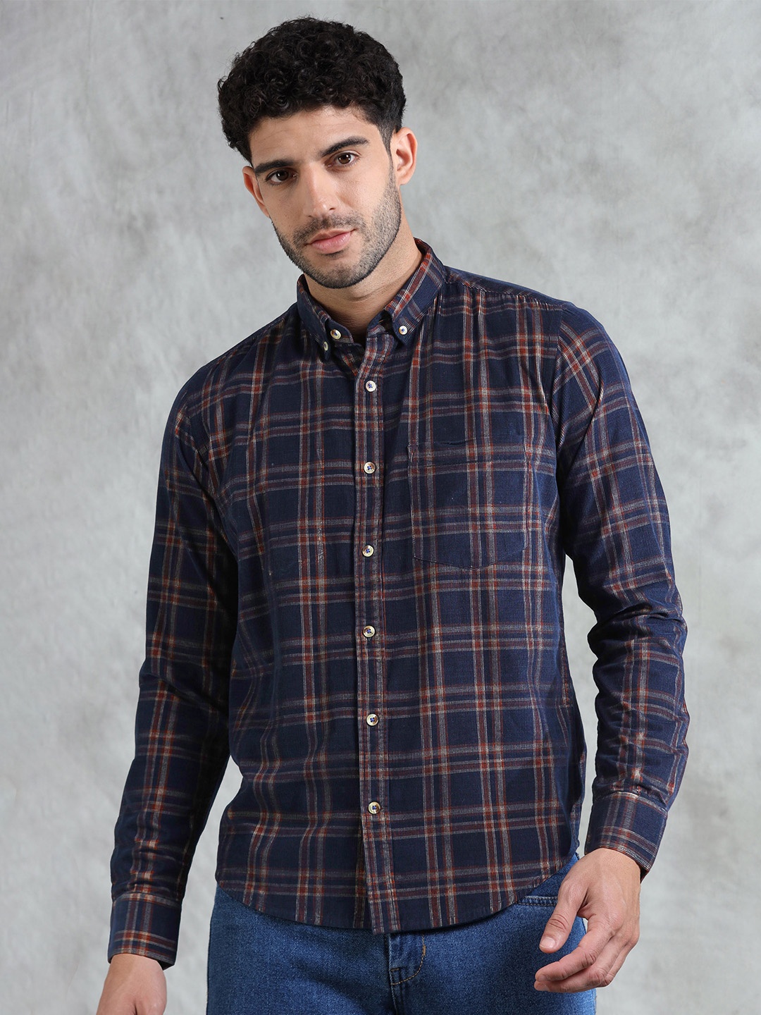 

THE FORMAL CLUB Men Premium Opaque Checked Casual Shirt, Navy blue