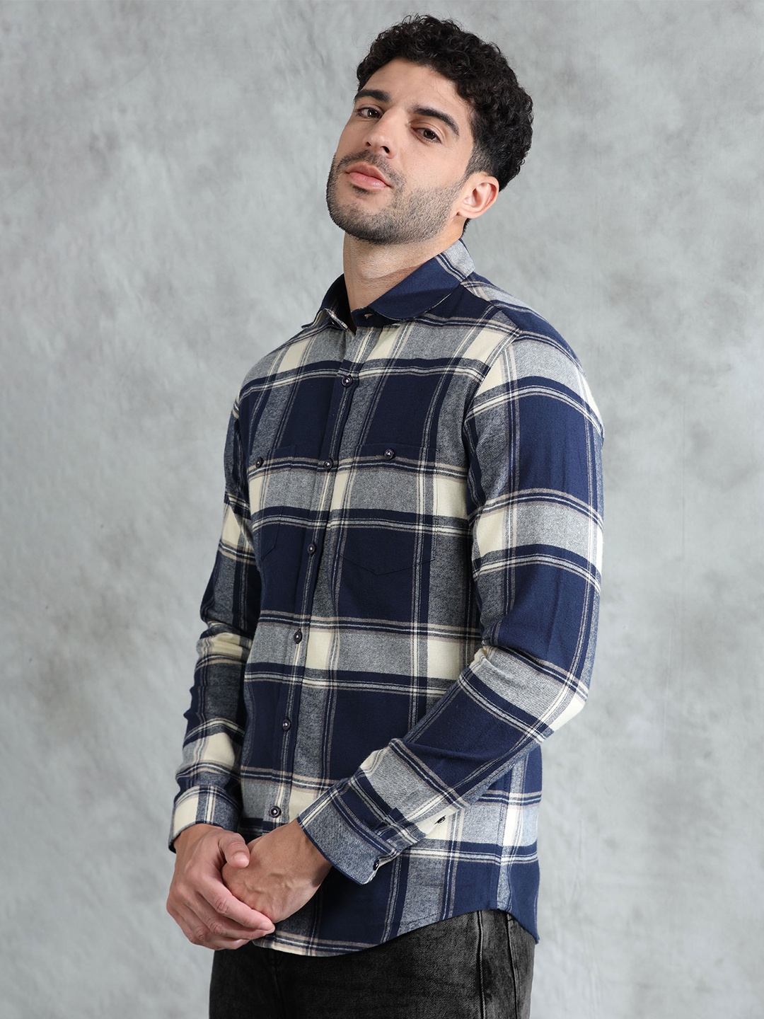

THE FORMAL CLUB Men Premium Flannel Checks Casual Shirt, Navy blue