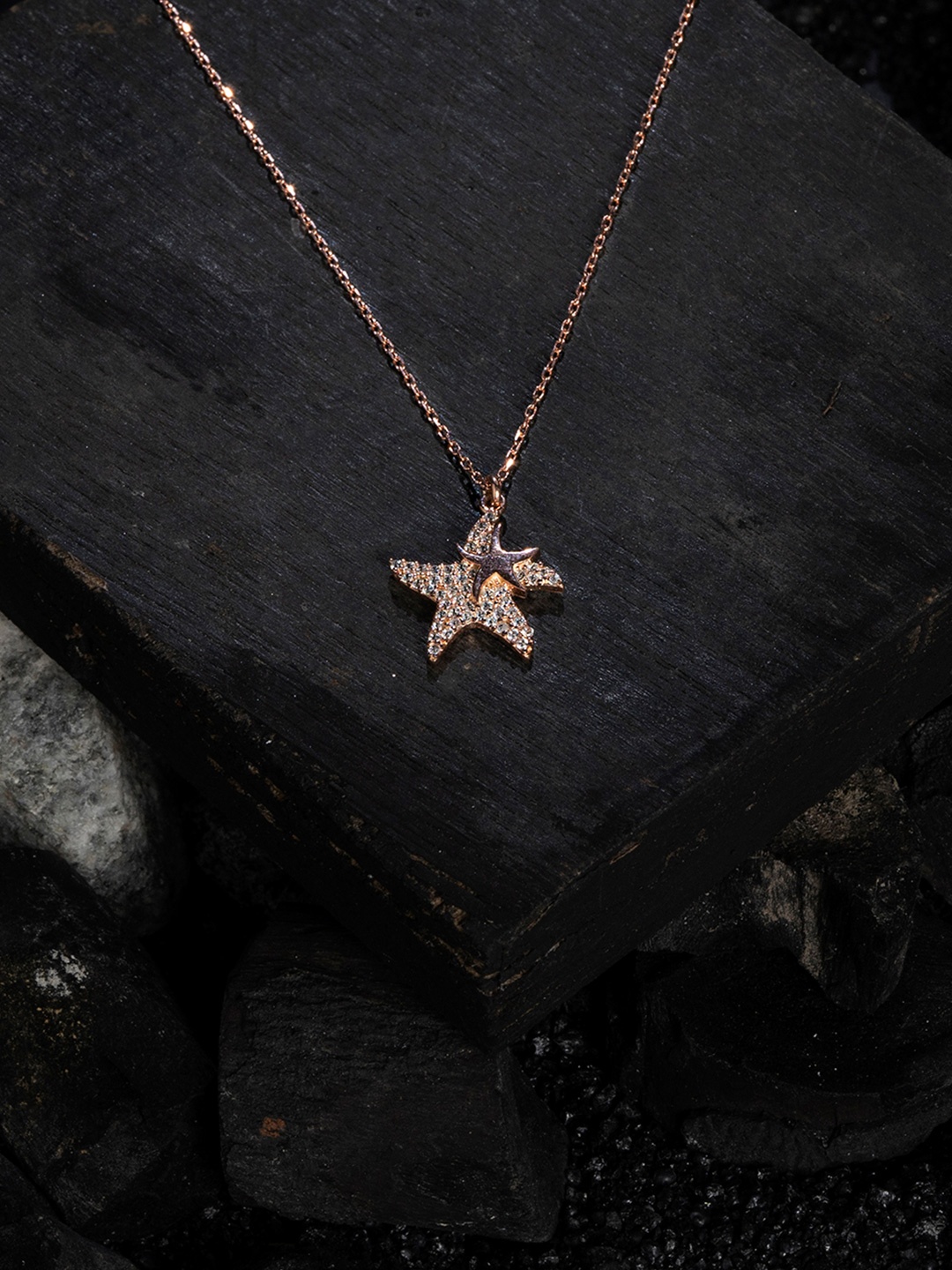 

TOUCH925 Rose Gold-Plated Sterling Silver Stone Studded Star Shaped Pendant With Chain