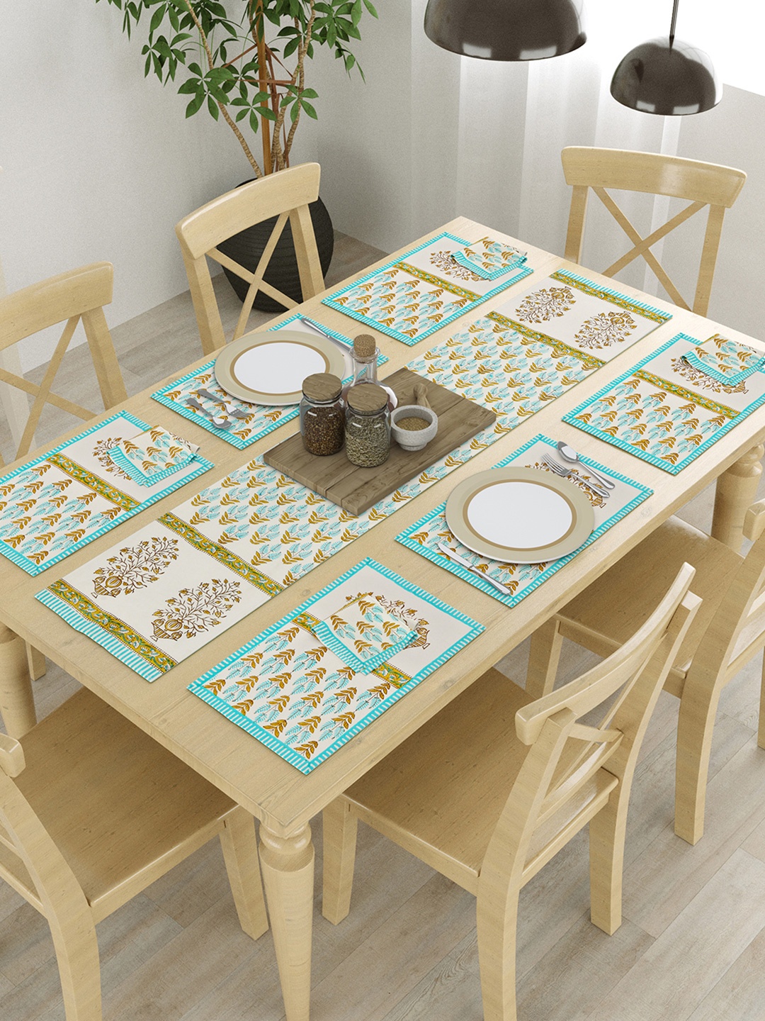 

BLOCKS OF INDIA Brown & Blue 13 Pieces Printed Pure Cotton Table Linen Sets