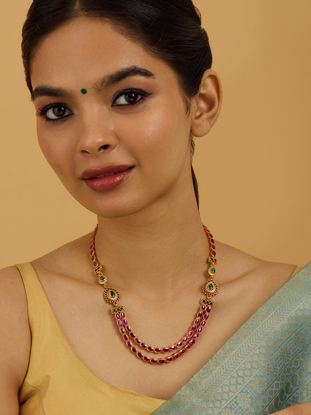 

Kushal's Fashion Jewellery 92.5 Pure Silver Gold-Plated Stone Studded Temple Necklace