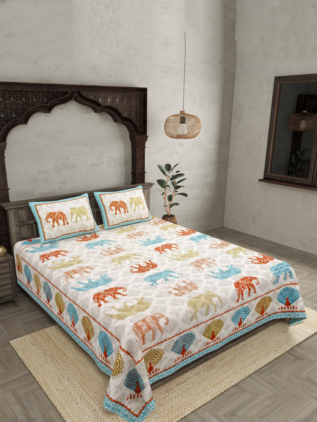 

BED-SHEET.COM White Ethnic Motifs Printed 180TC Cotton King Bedsheet Set- 2.74 M x 2.24 M