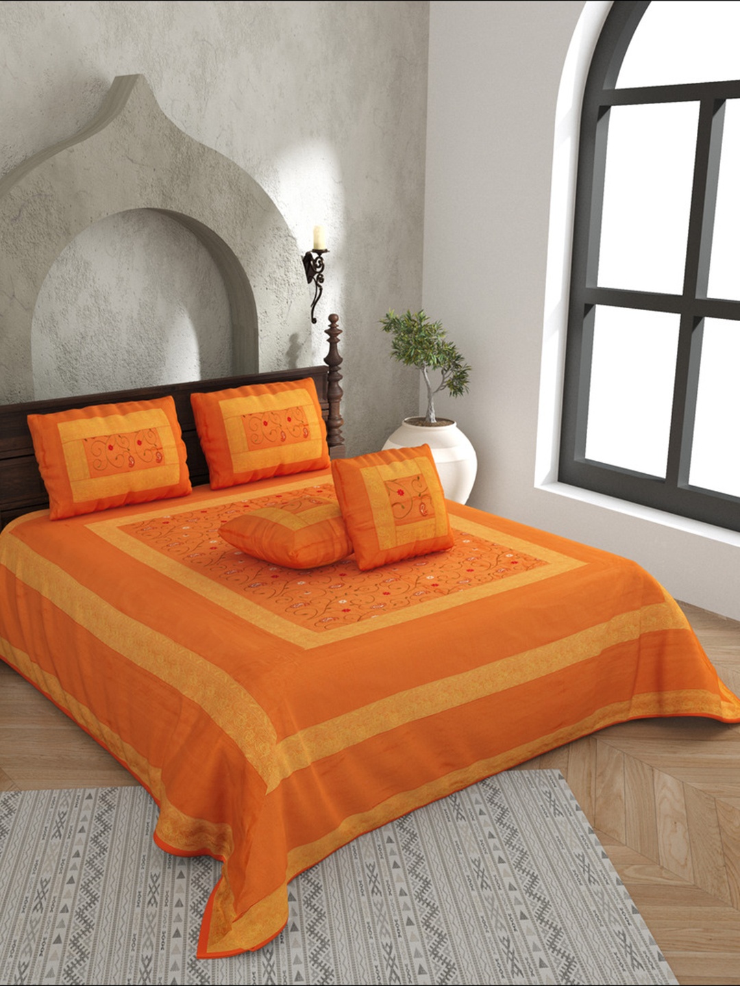 

BED-SHEET.COM Orange Ethnic Printed Cotton 180 TC King Bedsheet Set 2.74 m x 2.24 m