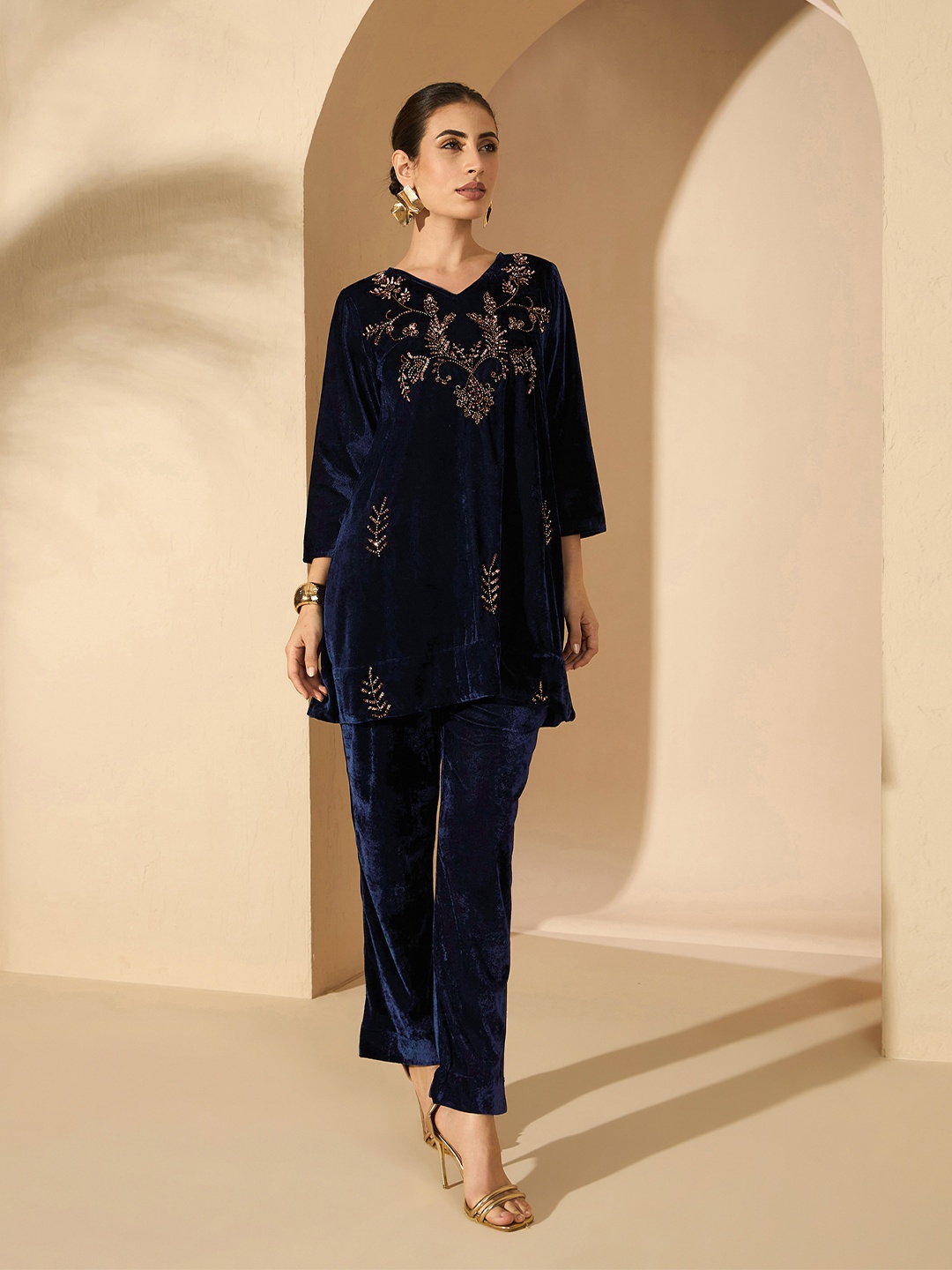 

Antheaa Velvet Embellished V-Neck Tunic with Trousers, Navy blue