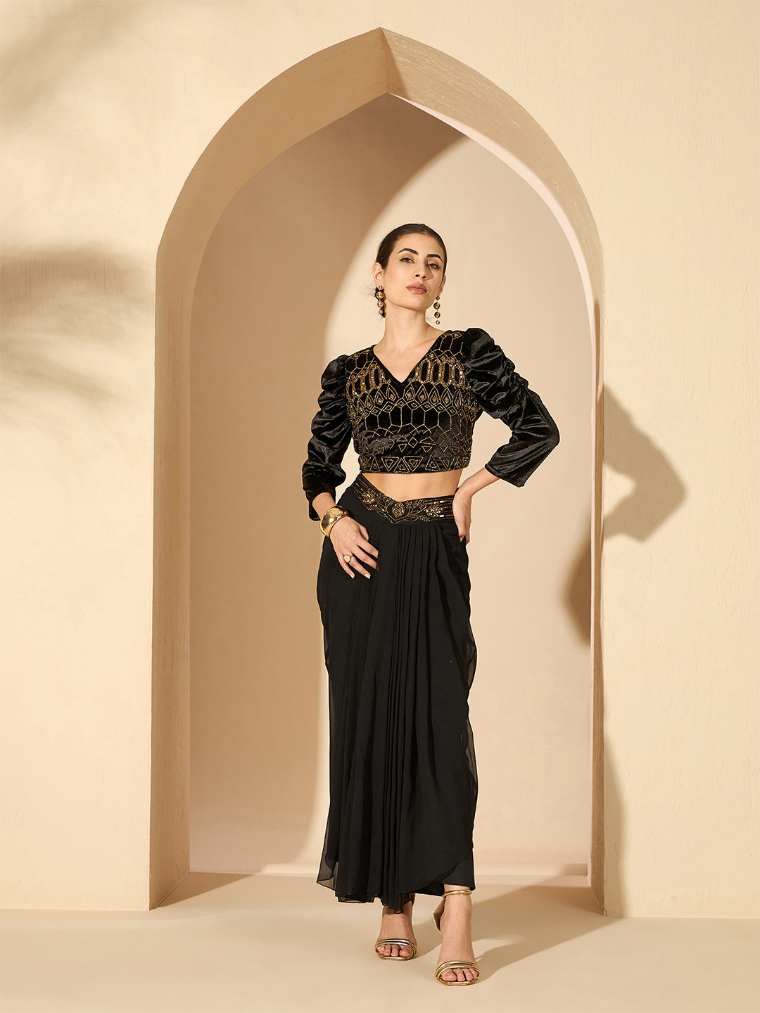

Antheaa Velvet Embellished V-Neck Top with Skirt, Black