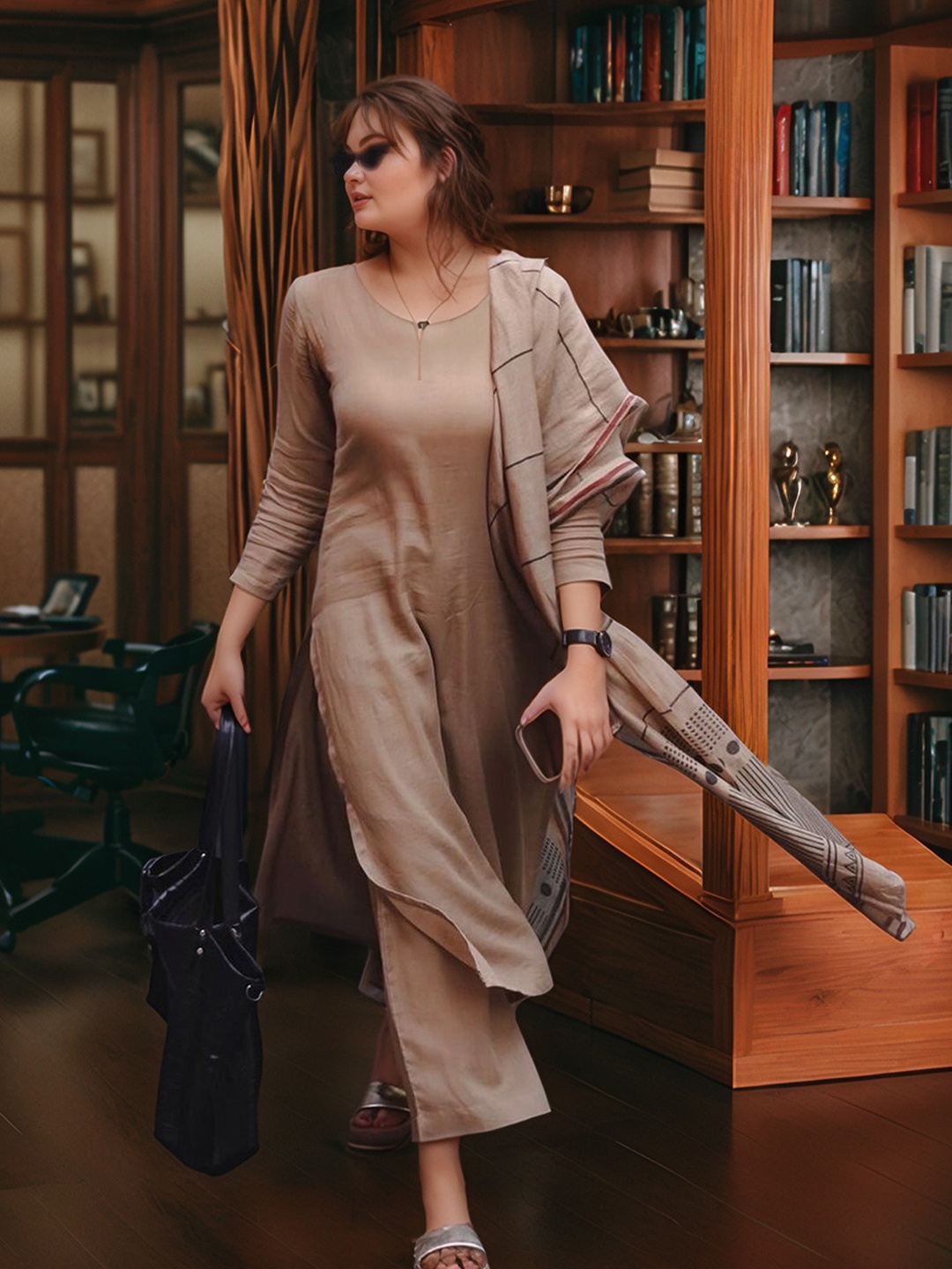 

KALINI Round Neck Straight Kurta With Trousers & Dupatta, Beige
