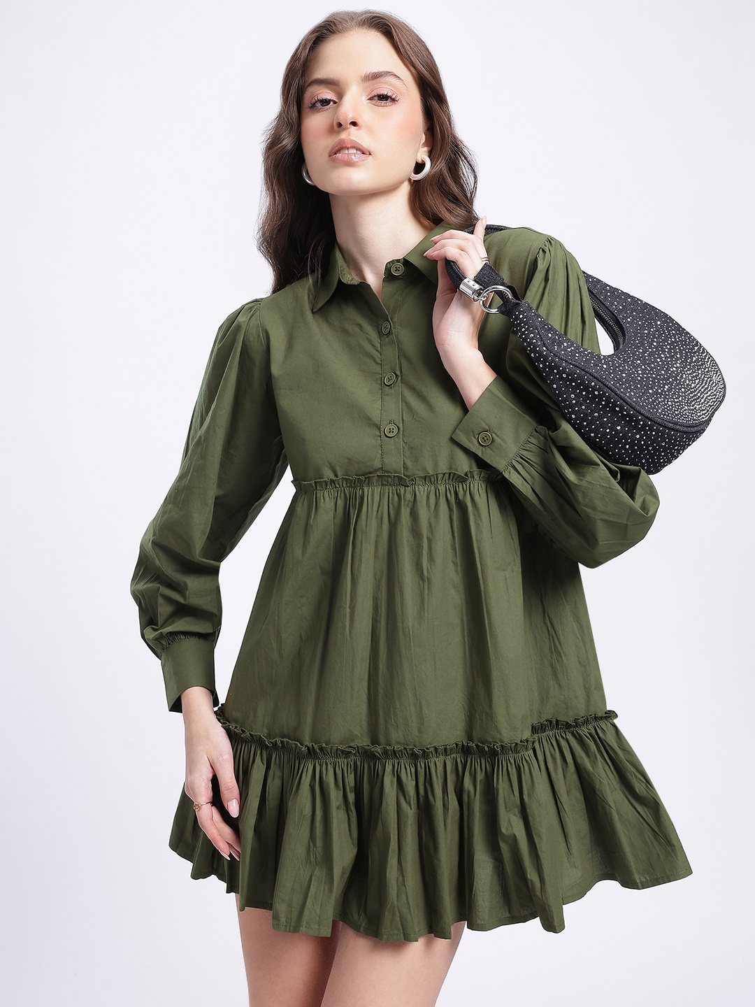 

glitchez Whimsical Wonder Ruffled Pleated Mini Shirt Style Dress, Olive