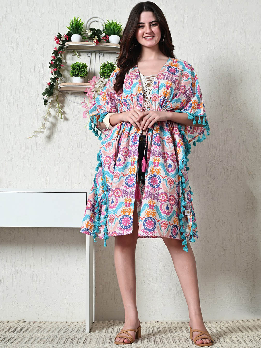 

CRENOL THREADS Women Ethnic Motifs Printed Kimono Sleeve Cotton Kaftan Top, White