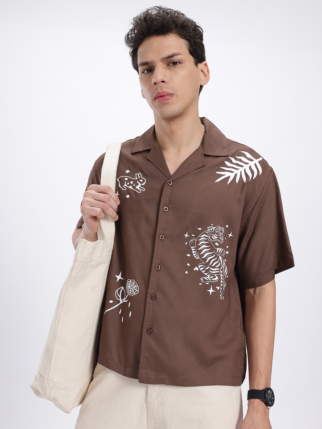 

glitchez Folklore Vibes Printed Relaxed Fit Shirt, Brown