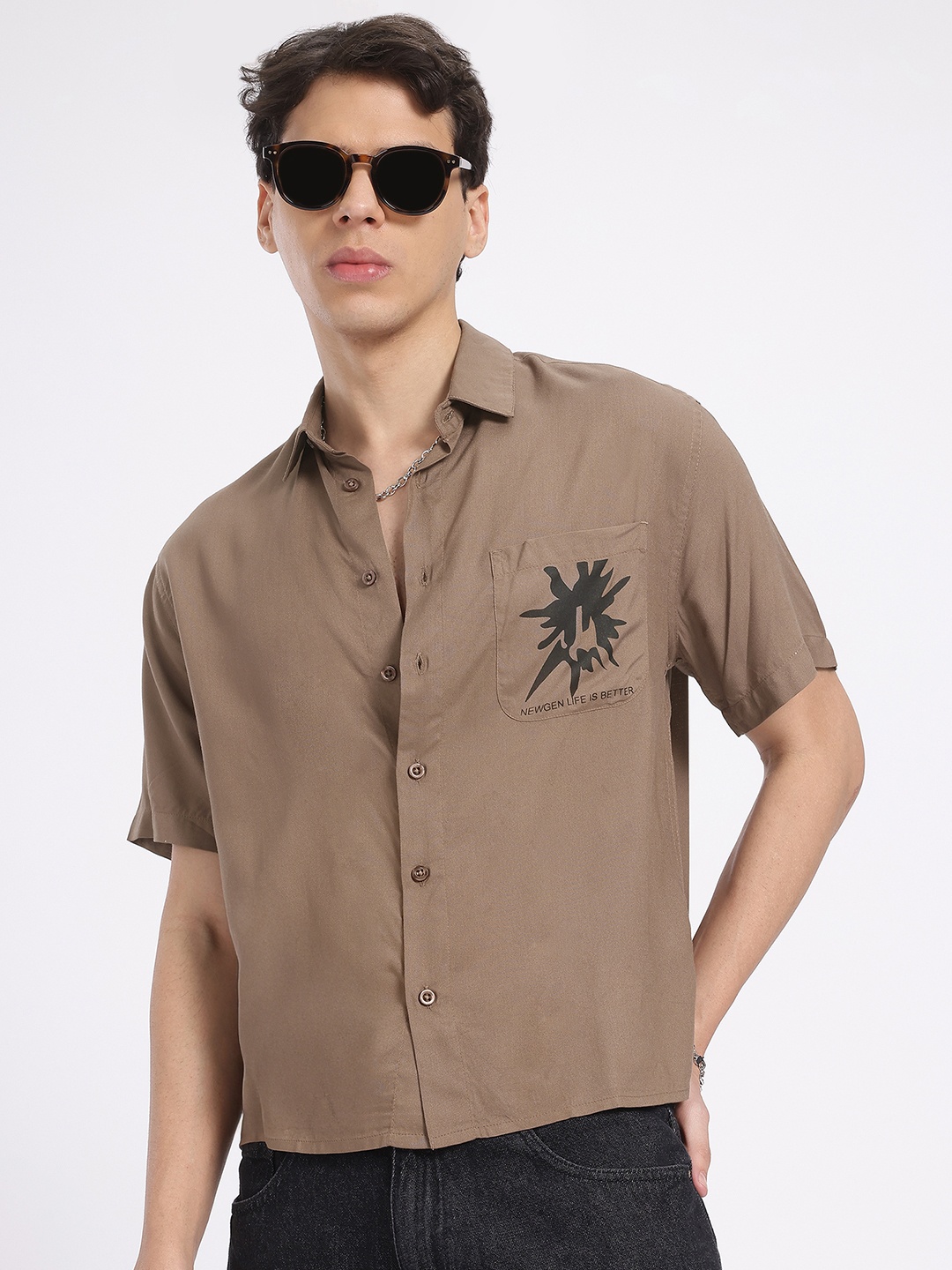 

glitchez Placement Graphics Relaxed Fit Casual Shirt, Brown