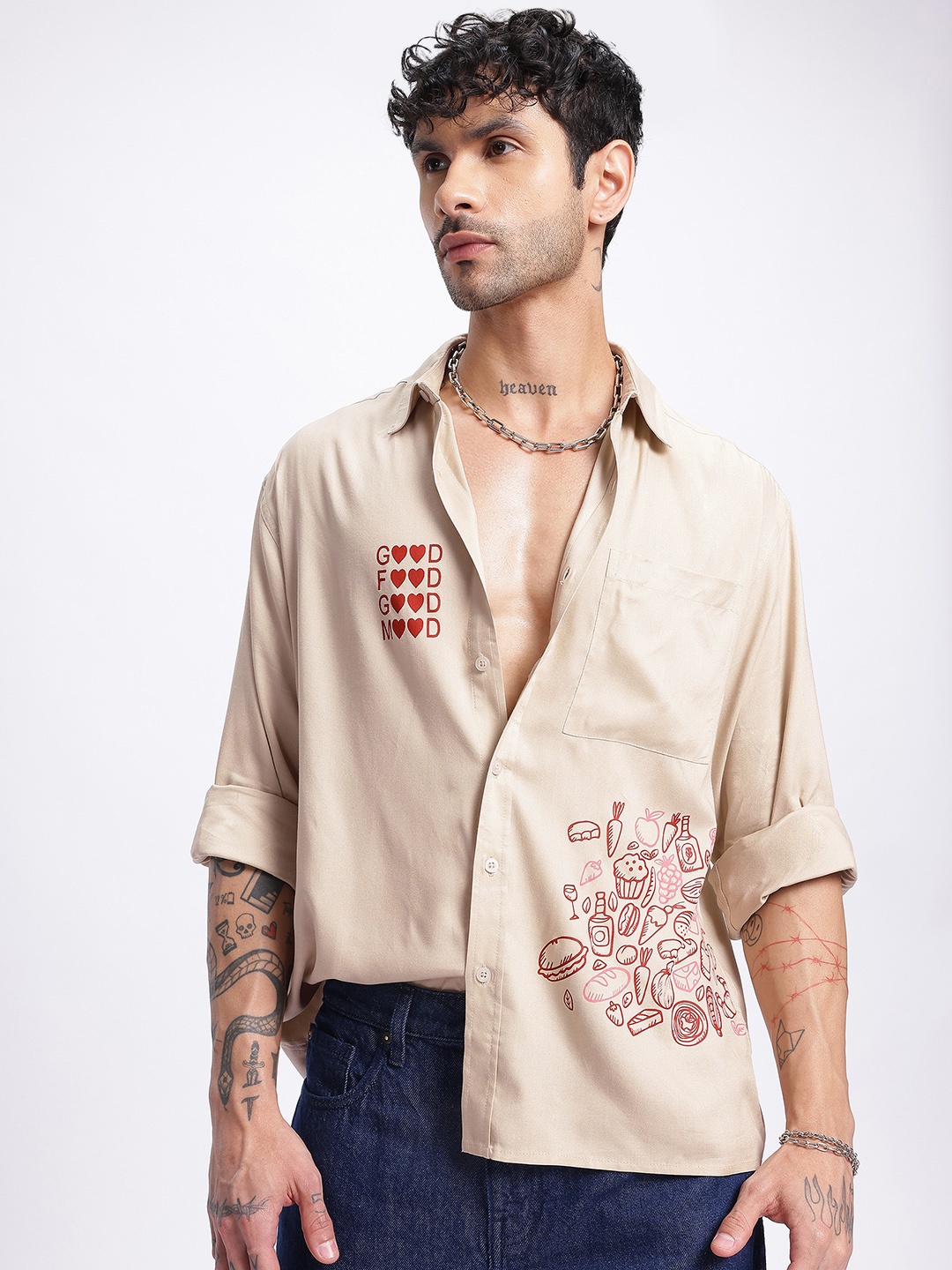 

glitchez Quirky Essentials Relaxed Printed Shirt, Beige