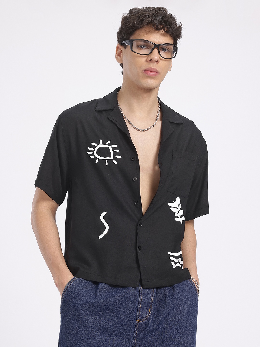 

glitchez Eye-Catching Doodles Cuban Collar Relaxed Fit Casual Shirt, Black