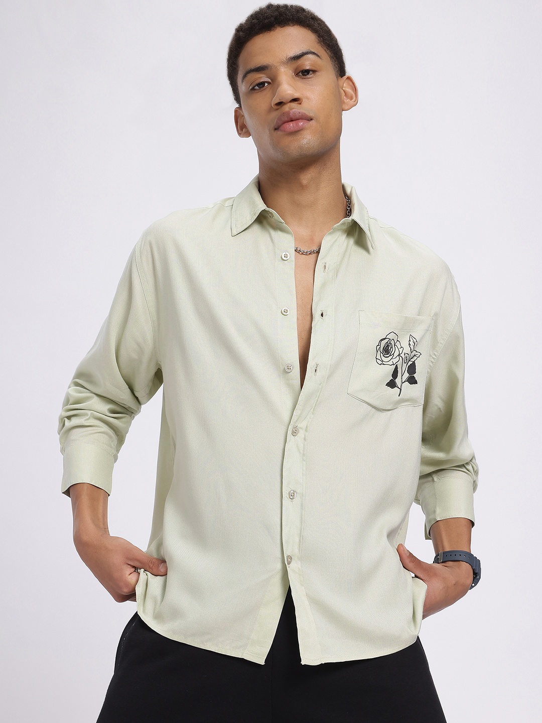 

glitchez Floral Drip Patch Pocketed Relaxed Fit Shirt, Green