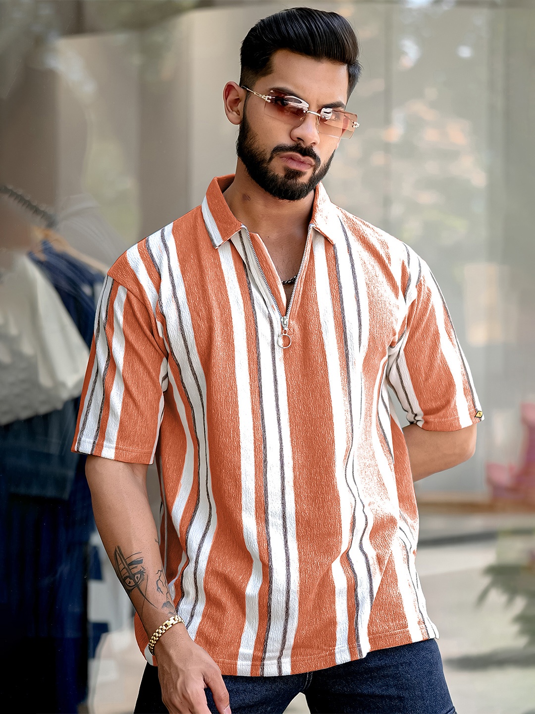 

Maniac Men Striped Polo Collar T-shirt, Orange