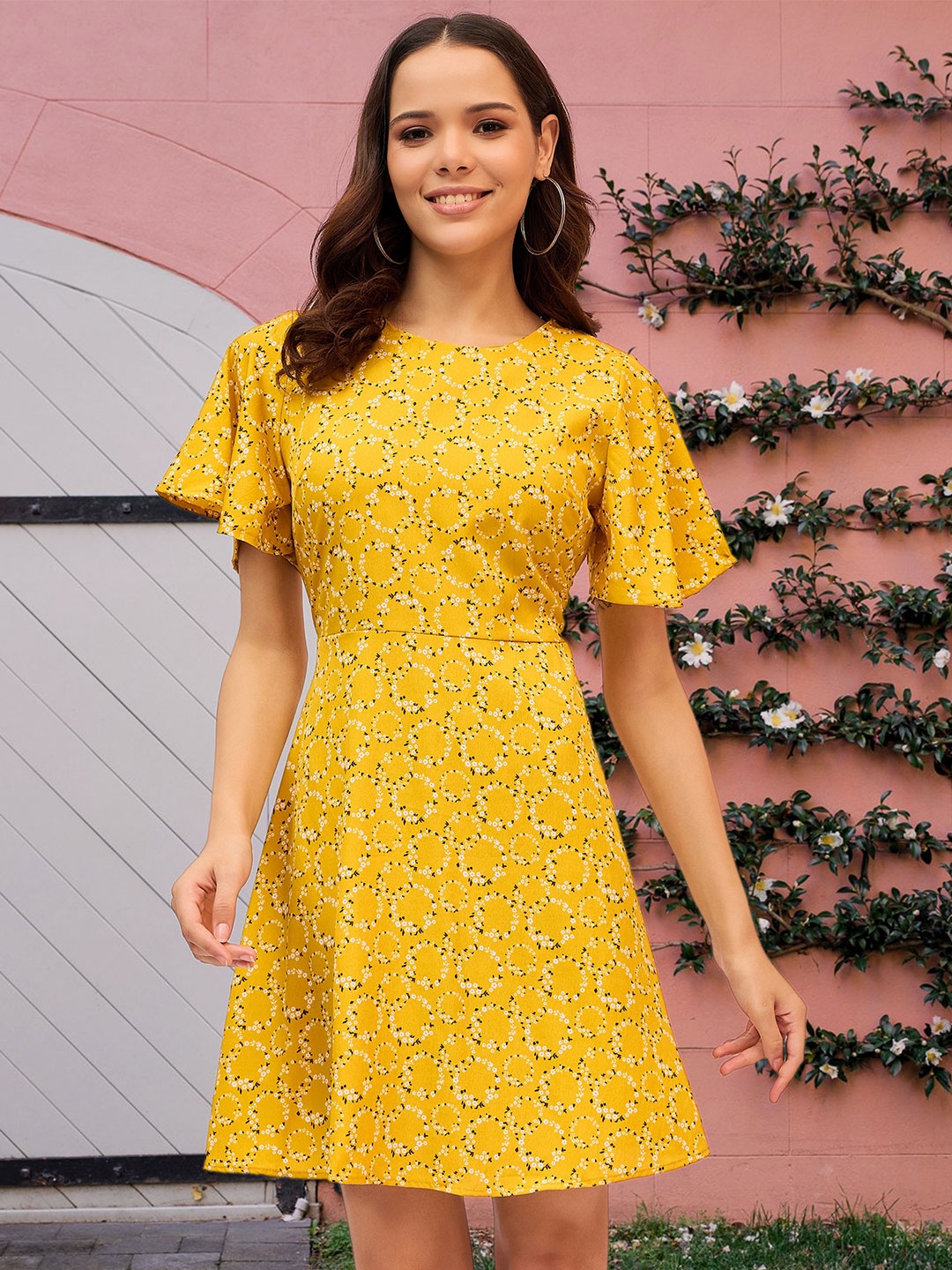 

DressBerry Floral Printed Flared Sleeve Crepe Fit and Flare Dress, Mustard