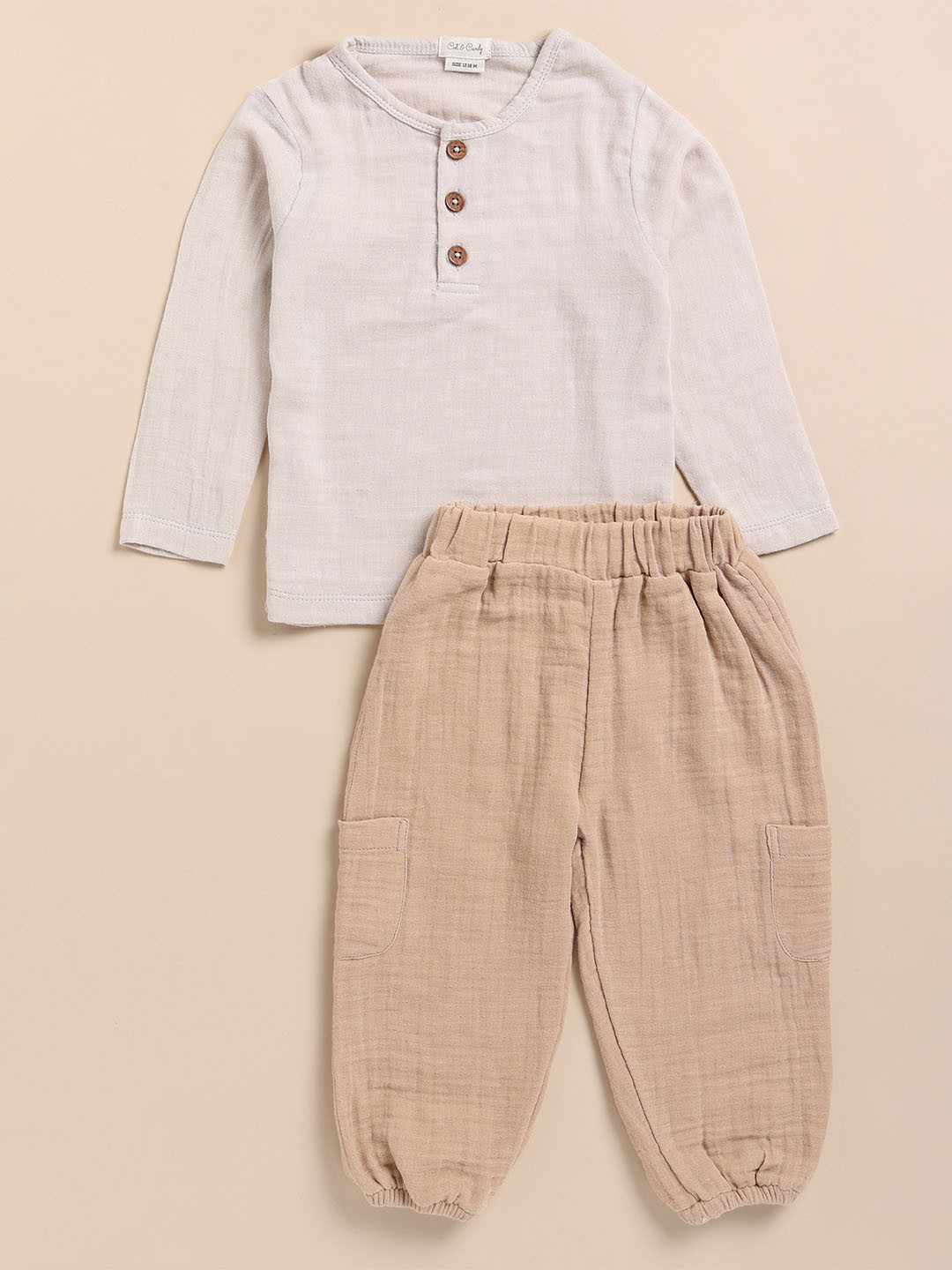 

COT & CANDY Kids Henley Neck T-shirt with Joggers, Beige