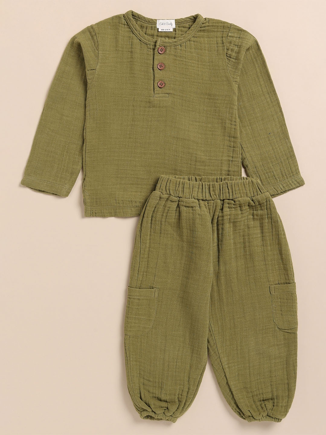 

COT & CANDY Kids Henley Neck T-shirt with Joggers, Olive