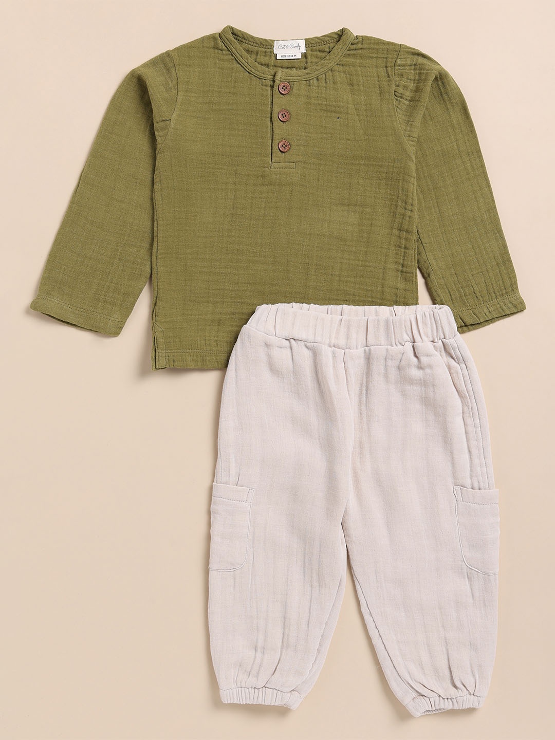 

COT & CANDY Kids Henley Neck T-Shirt With Joggers, Green