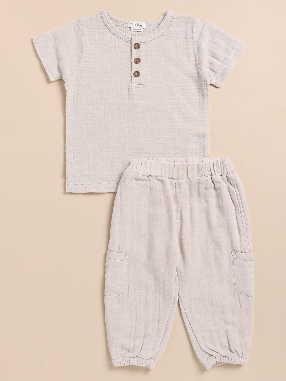 

COT & CANDY Kids Henley Neck T-shirt with Joggers, Cream