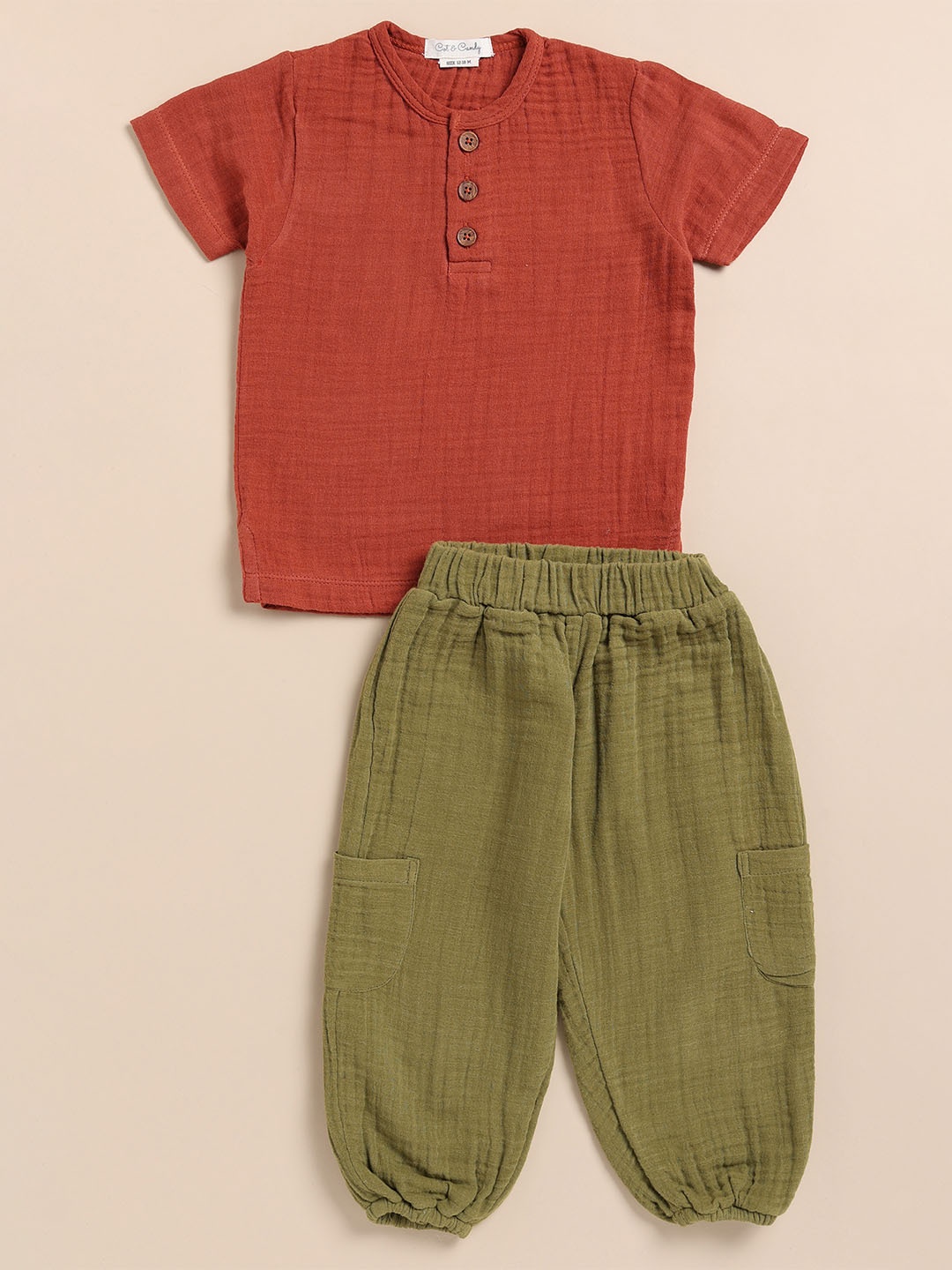 

COT & CANDY Kids Henley Neck T-shirt with Joggers, Red