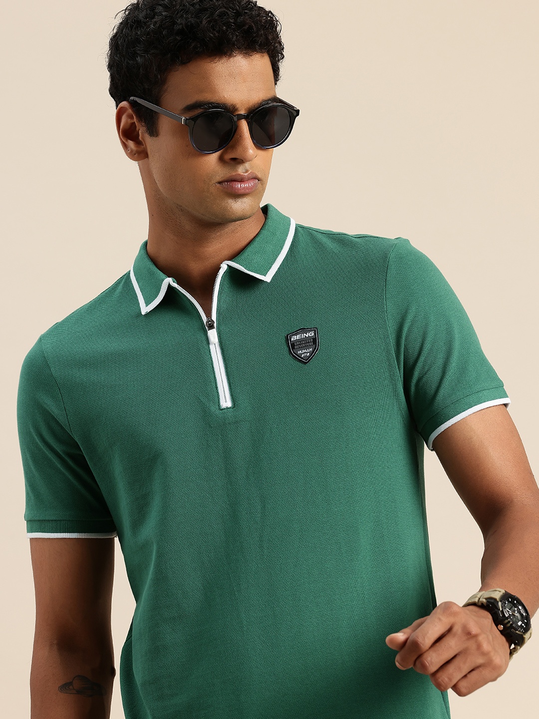 

Being Human Pure Cotton Polo Collar Casual T-shirt, Green