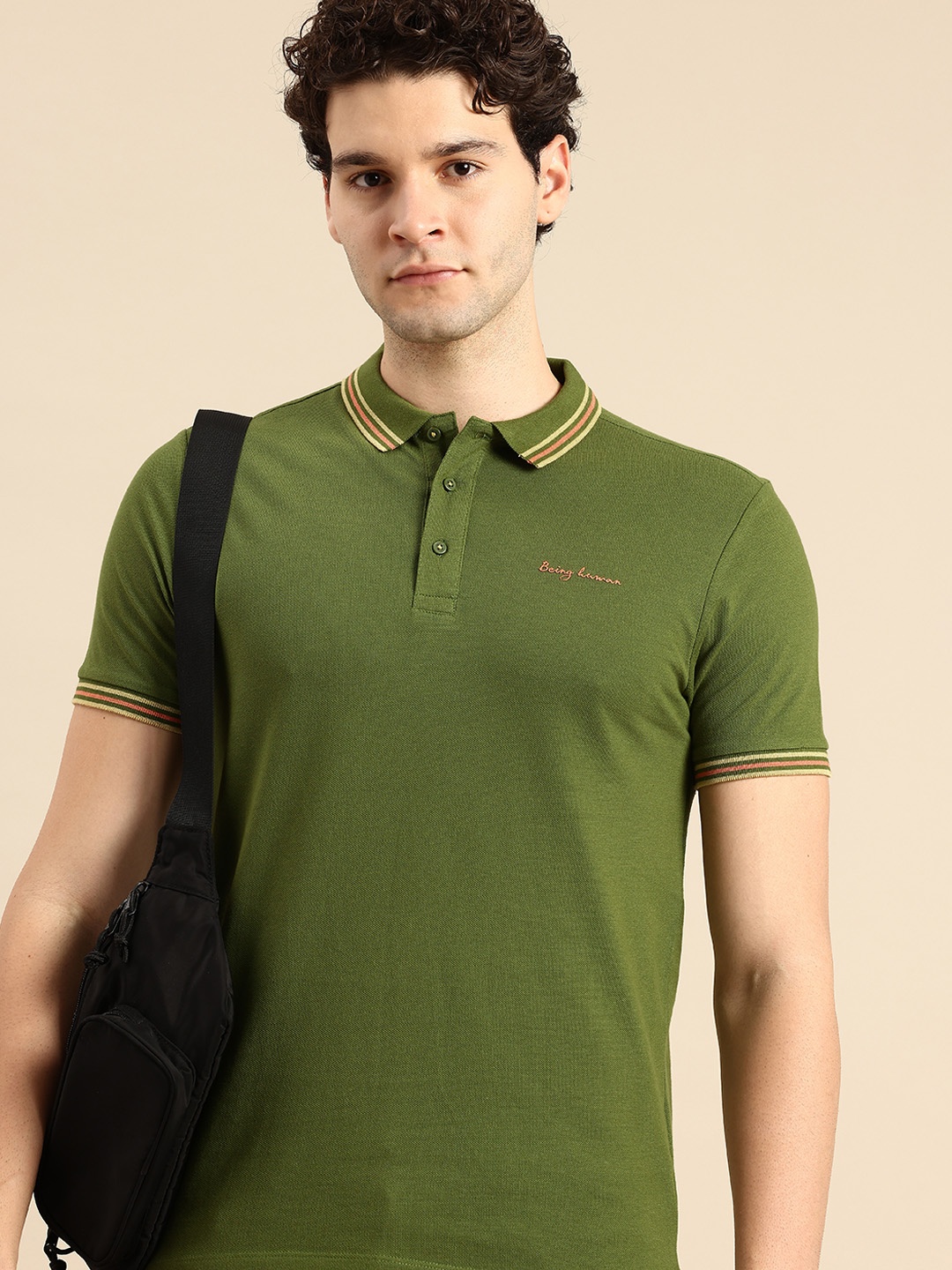 

Being Human Polo Collar Pure Cotton T-shirt, Olive