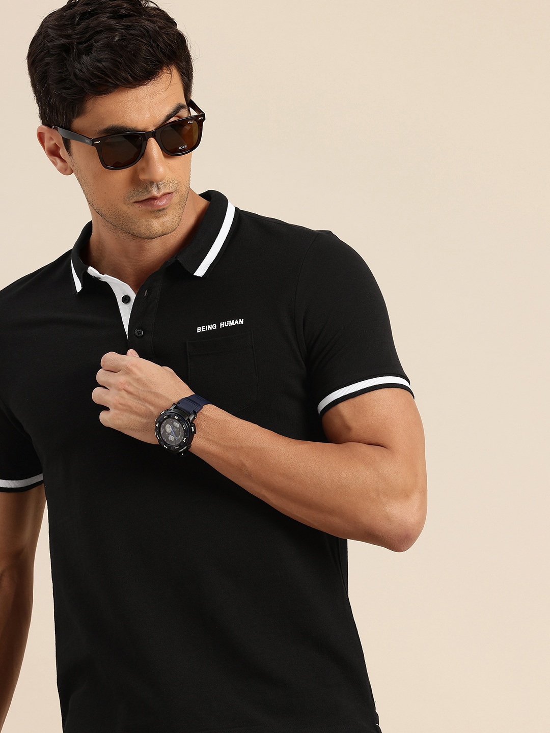 

Being Human Polo Collar Monochrome Pure Cotton T-shirt, Black