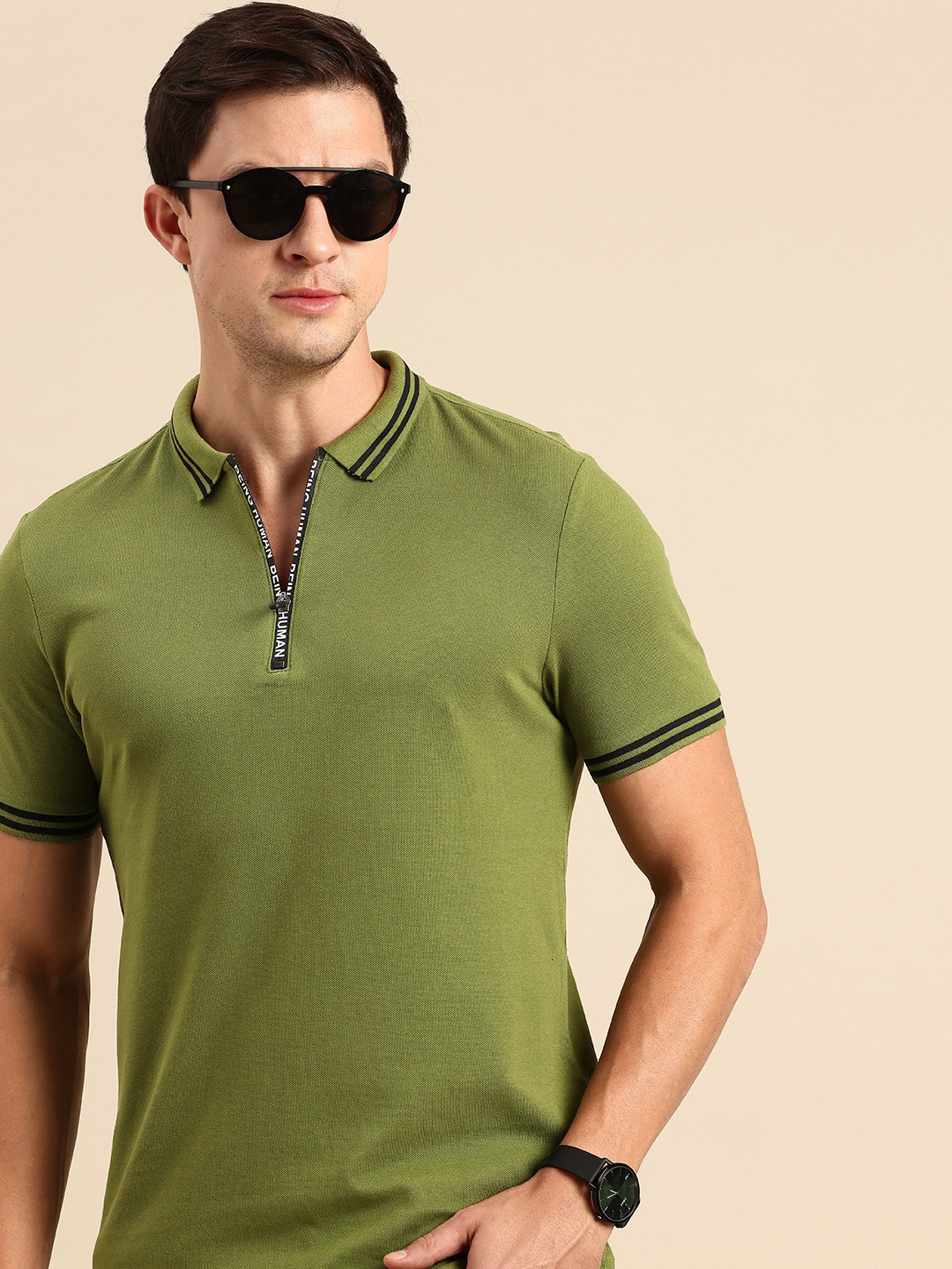 

Being Human Polo Collar Pure Cotton T-shirt, Olive