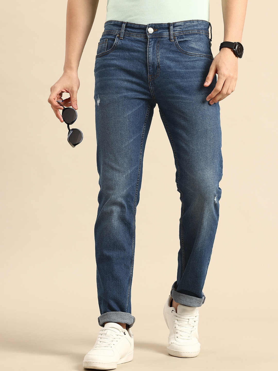 

Being Human Men Straight Fit Low Distress Light Fade Stretchable Jeans, Blue