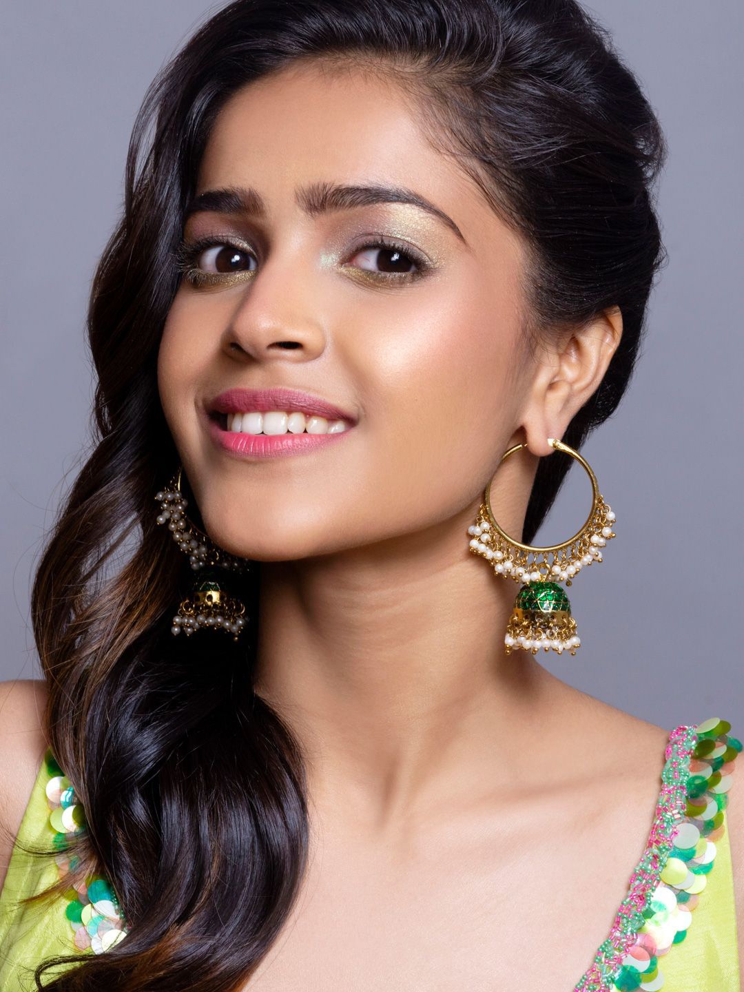 

Fida Gold Plated Artificial Beads Dome Shaped Jhumkas Earrings, Green