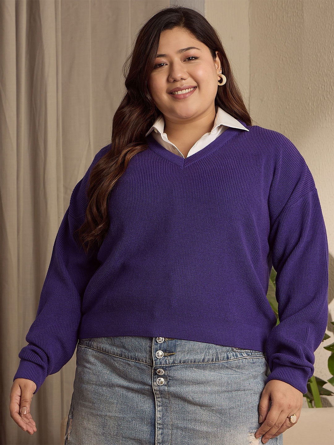 

Berrylush Curve Women Longline Long Sleeves Sweater, Purple
