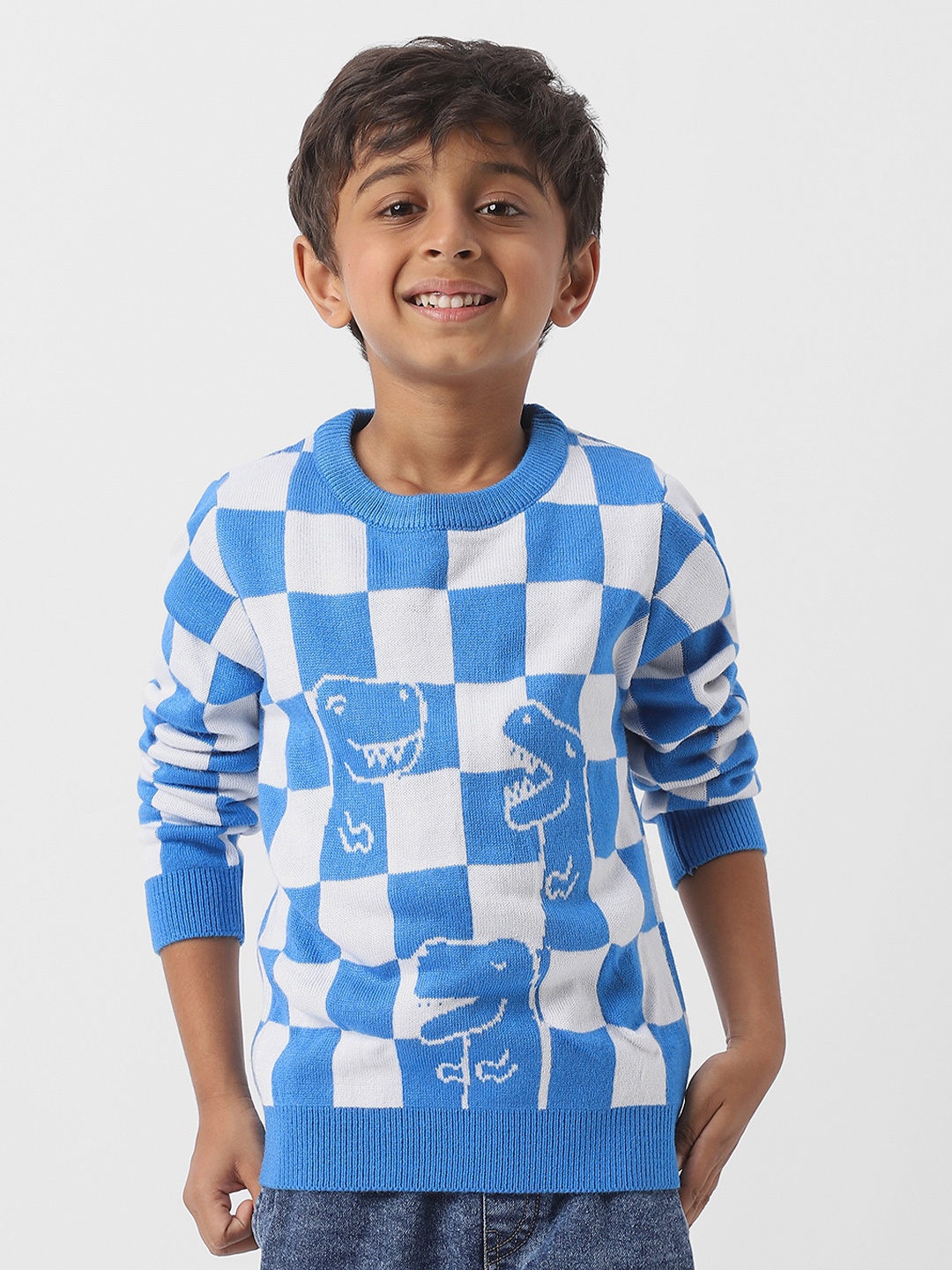 

Nauti Nati Boys Checked Round Neck Pullover Sweaters, Blue
