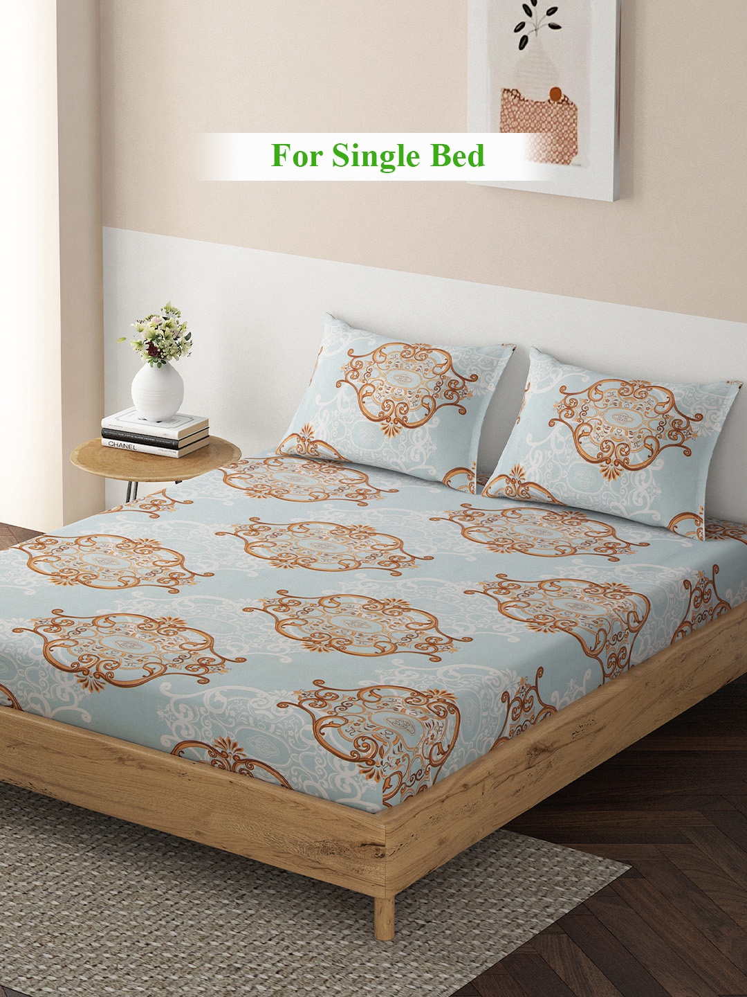 

HOKIPO Blue & Brown Ethnic Motifs 140 TC King Bedsheet with 2 Pillow Covers