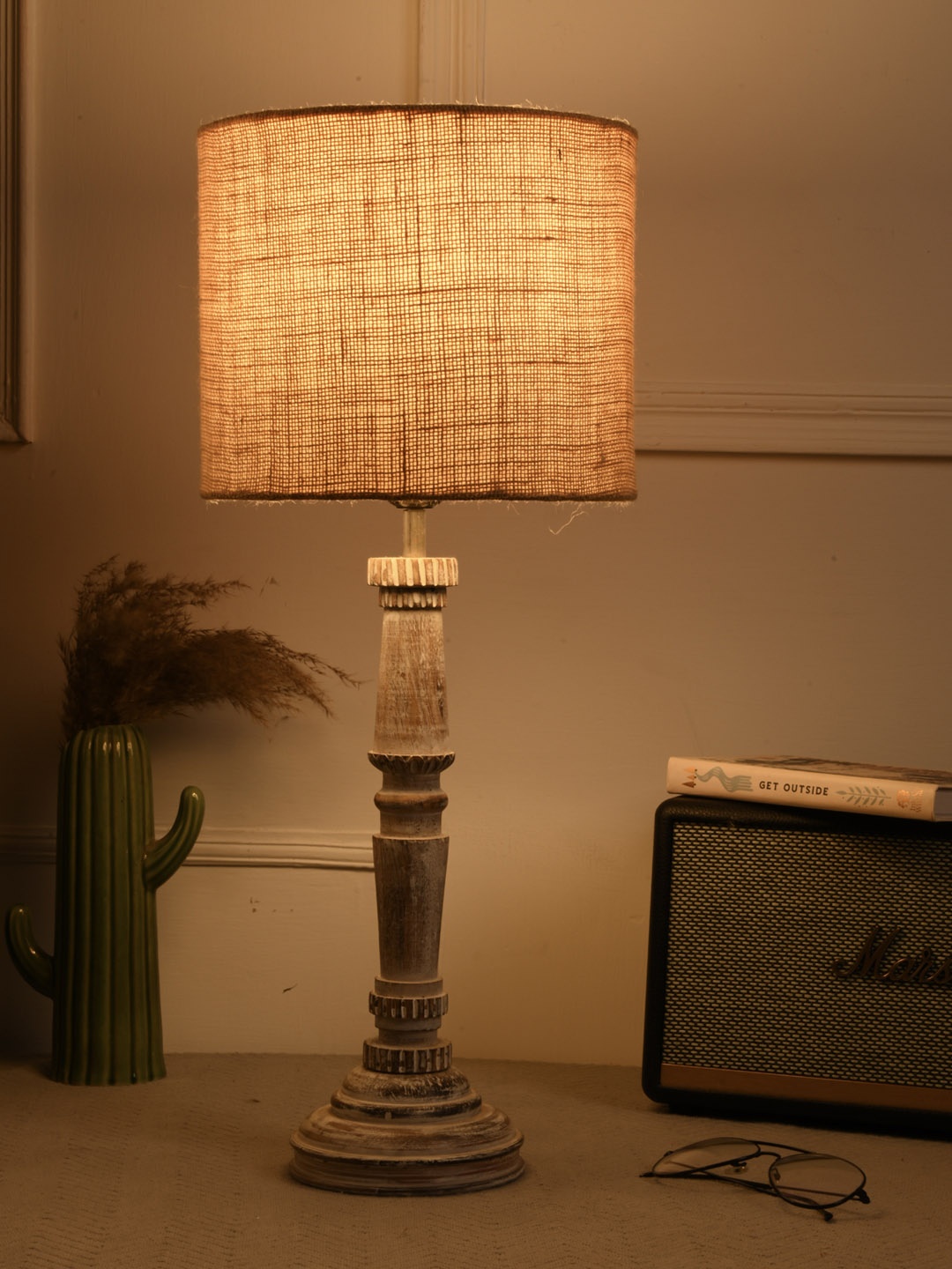 

green girgit White Wood Frusturical Shaped Table Lamp