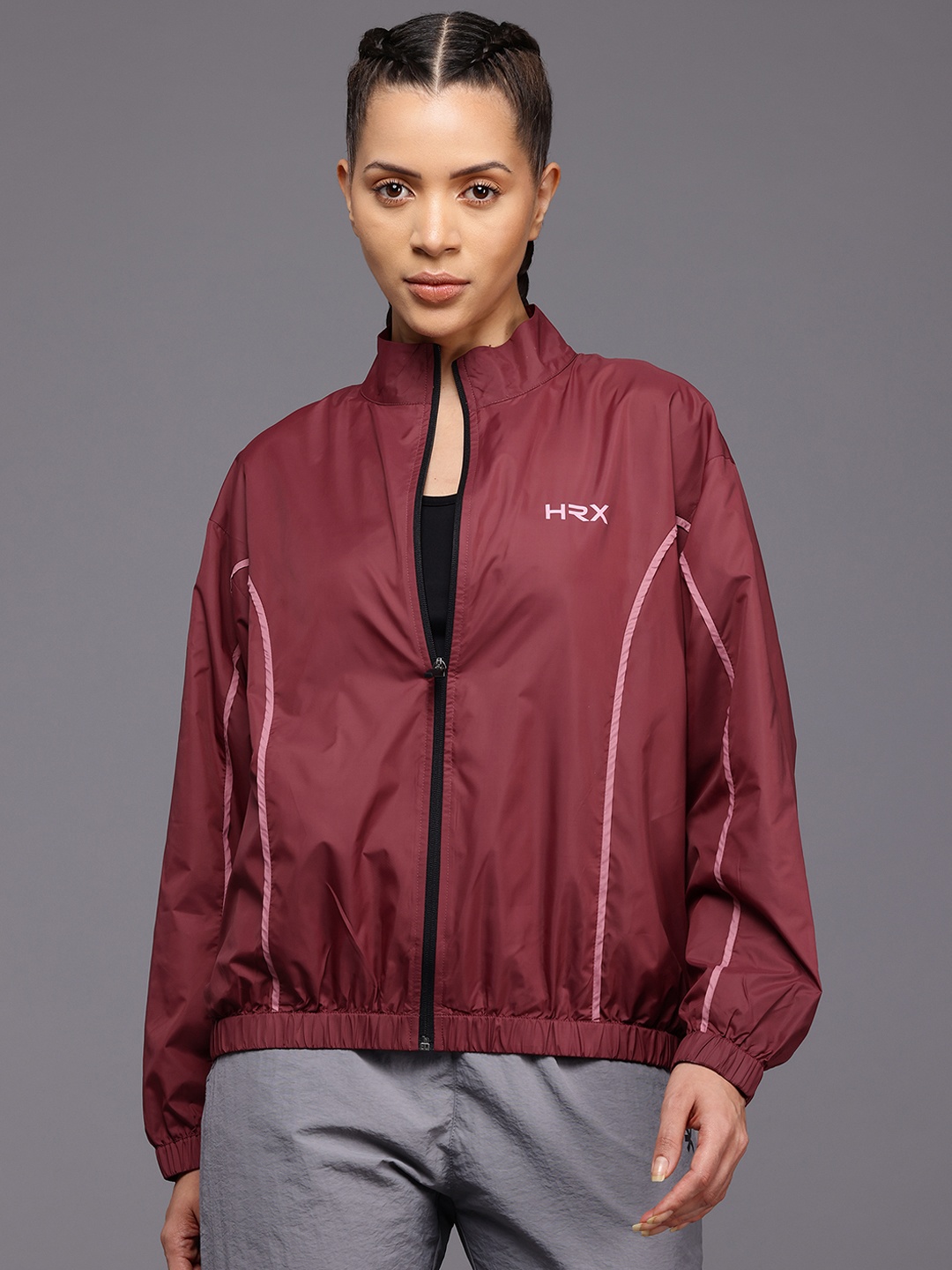 

HRX by Hrithik Roshan Striped Windcheater Training or Gym Sporty Jacket, Maroon