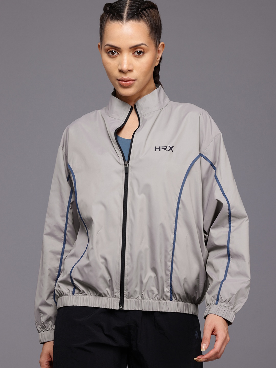 

HRX by Hrithik Roshan Striped Windcheater Training or Gym Sporty Jacket, Grey
