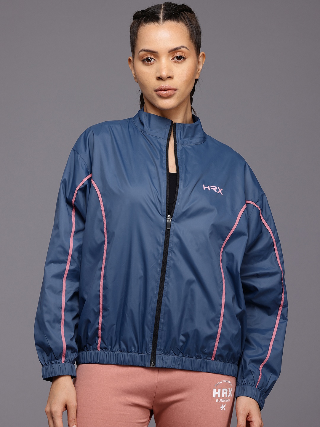 

HRX by Hrithik Roshan Striped Windcheater Training or Gym Sporty Jacket, Navy blue