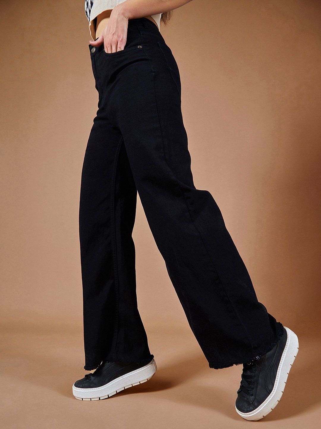 

DOLCE CRUDO Women Wide Leg High-Rise Stretchable Jeans, Black
