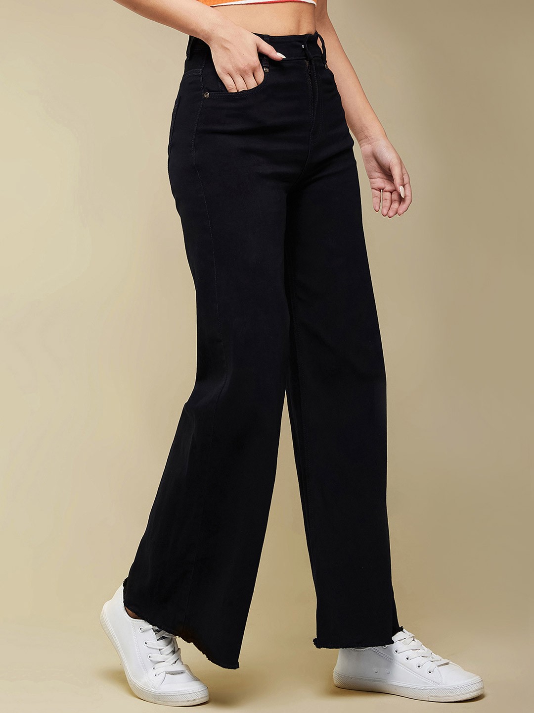 

DOLCE CRUDO Women Wide Leg High-Rise Stretchable Jeans, Black