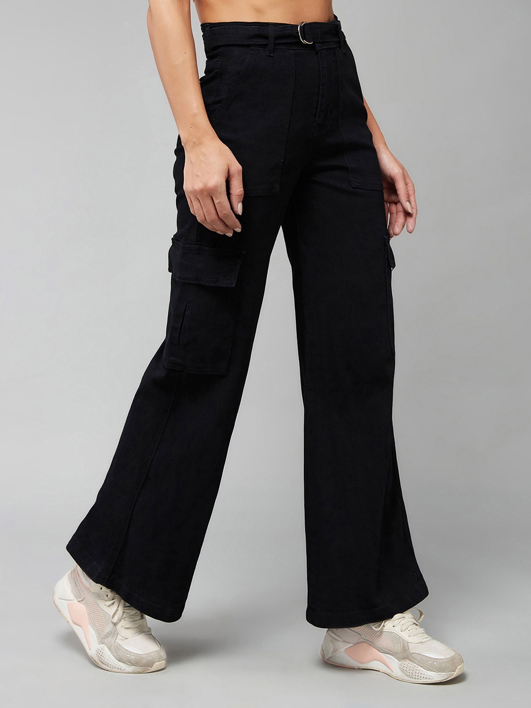 

DOLCE CRUDO Women Wide Leg High-Rise Stretchable Jeans, Black