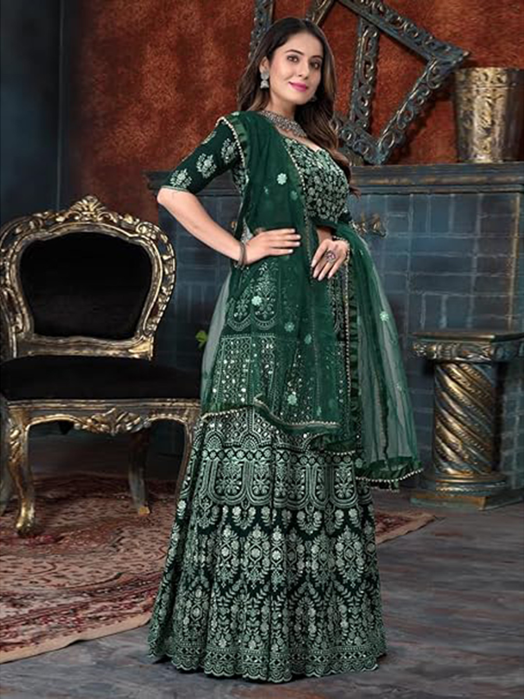 

Rujave Embroidered Sequinned Semi-Stitched Lehenga & Unstitched Blouse With Dupatta, Green