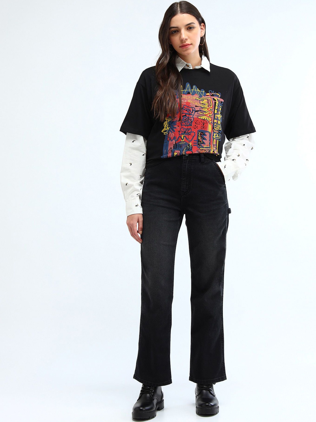 

Flying Machine Women Straight Fit High-Rise Stretchable Jeans, Black