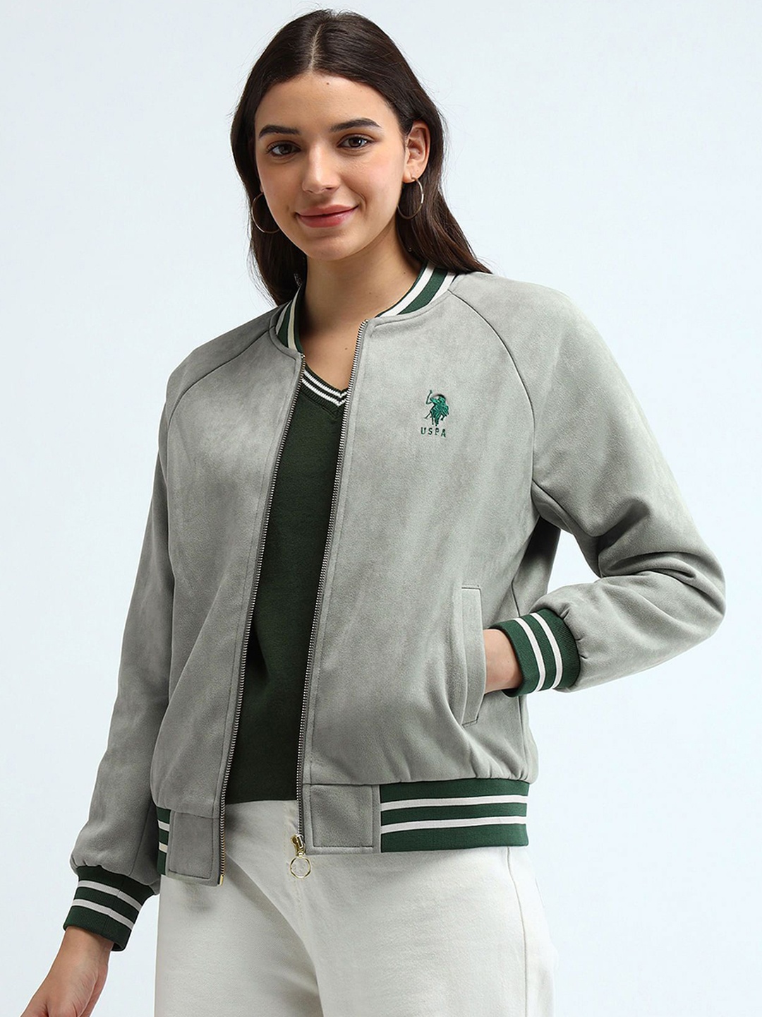 

U.S. Polo Assn. Women Women Bomber with Embroidered Jacket, Green