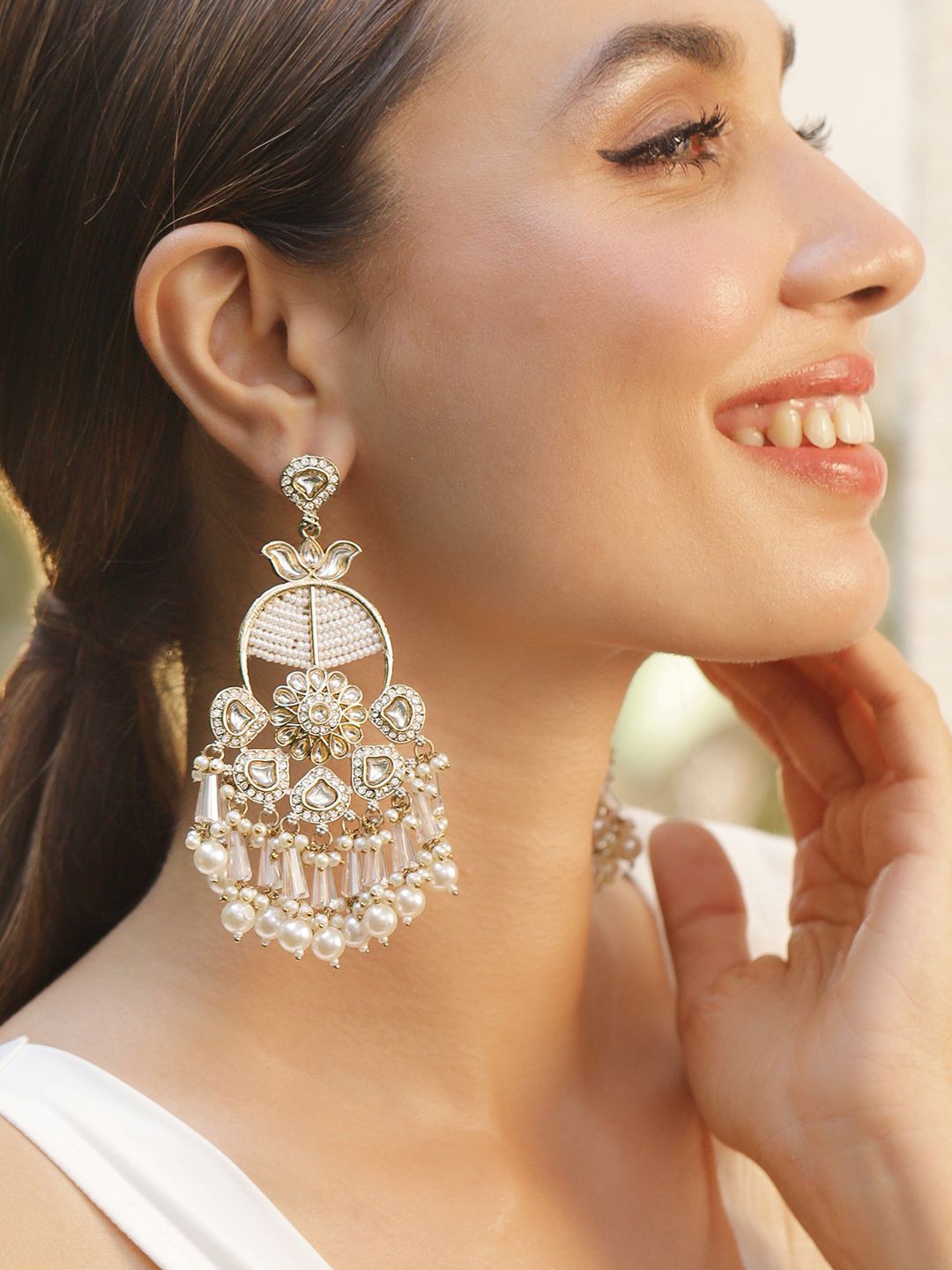 

Rubans 22K Gold-Plated White Kundan & Pearl Beaded Chandbali Earrings with Floral Motif