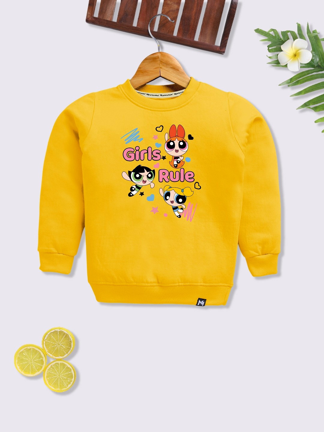 

YK X Minute Mirth Girls Powerpuff G Printed Fleece Sweatshirt, Yellow