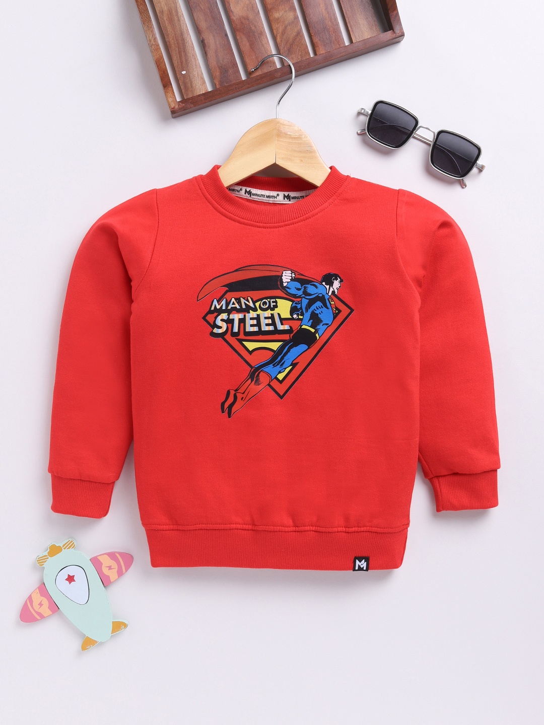 

YK X Minute Mirth Boys Superman Printed Fleece Sweatshirt, Red