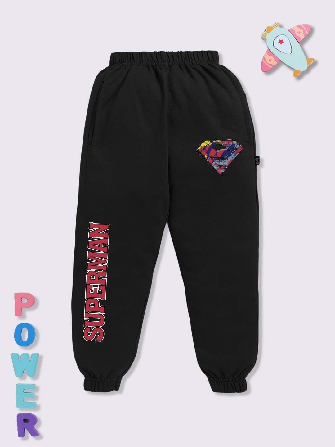 

YK X Minute Mirth Boys Superman Printed Pure Cotton Joggers, Black